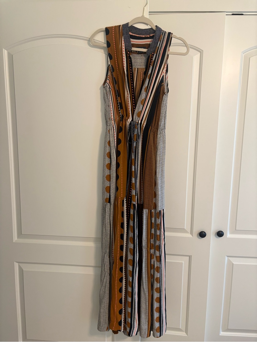 Anthropologie Sleeveless Mixed-Print Maxi Dress in Mustard, Black and Cream